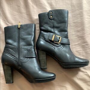 Clarks Black Leather Heeled Boots with Buckle